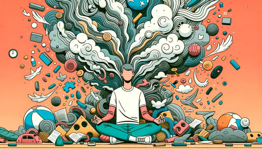 Illustration of a person with ADHD sitting cross-legged, practicing deep breathing amidst a chaotic background, showcasing the calming effect of mindfulness