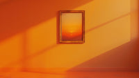 A sunrise picture hanging on the wall, morning rays coming in through window