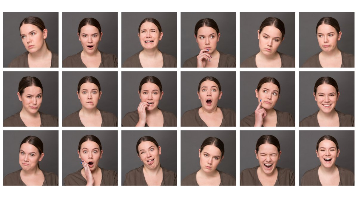 woman making eighteen different emotion faces