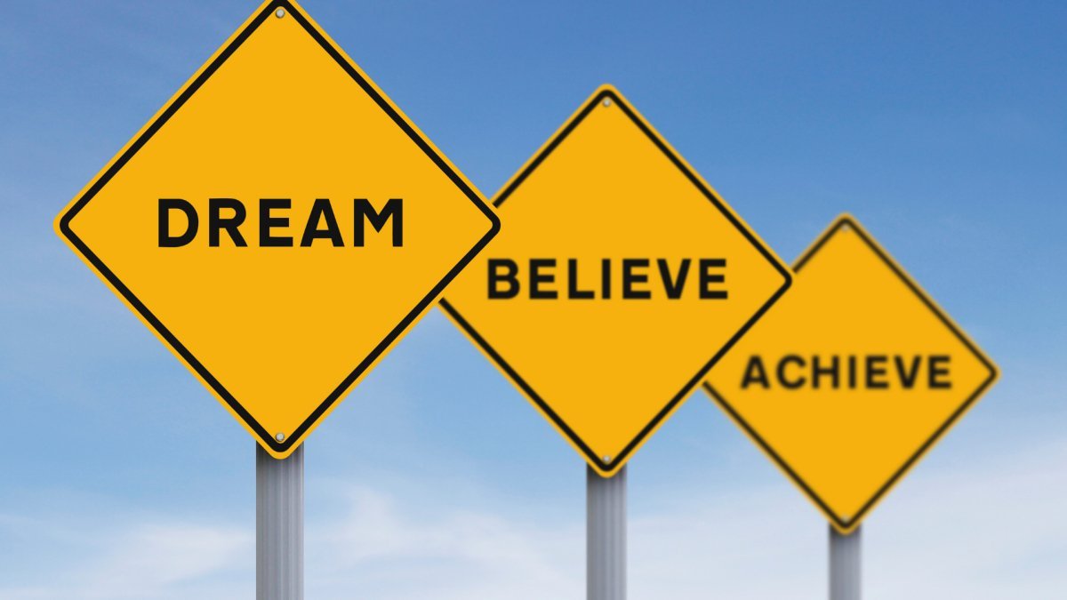 three yellow street sign with each one word saying dream believe achieve