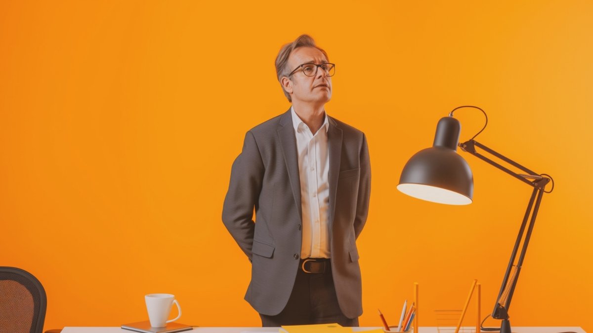 man in his office applying reverse thinking to solve a problem