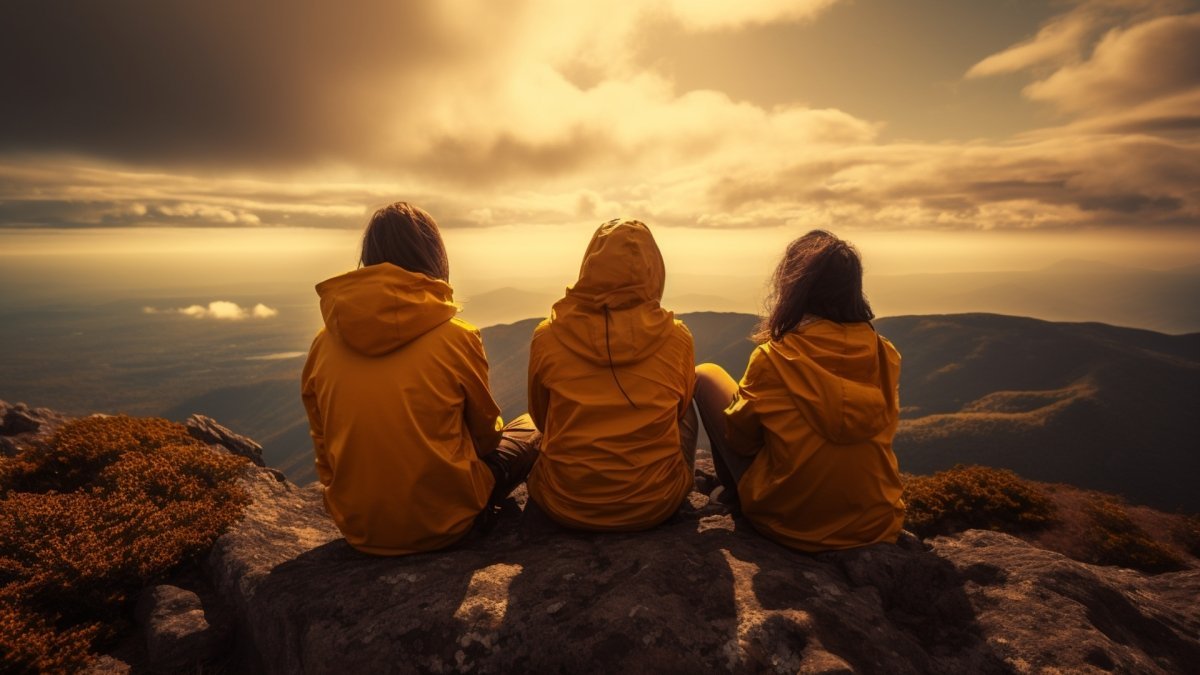 three friends sharing the bond of true friendship on a mountain top