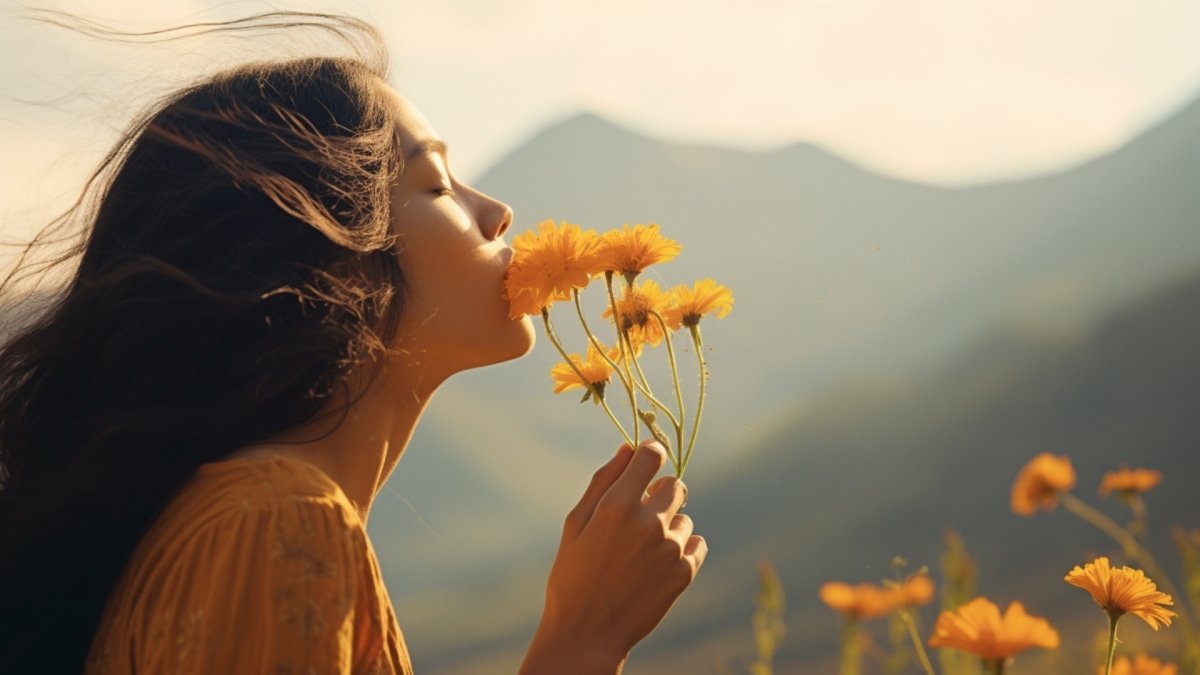 a girl smelling flowers being present and mindful in the moment