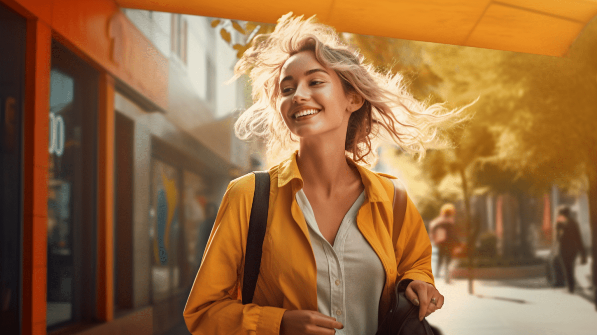 woman smiling and happy in the street