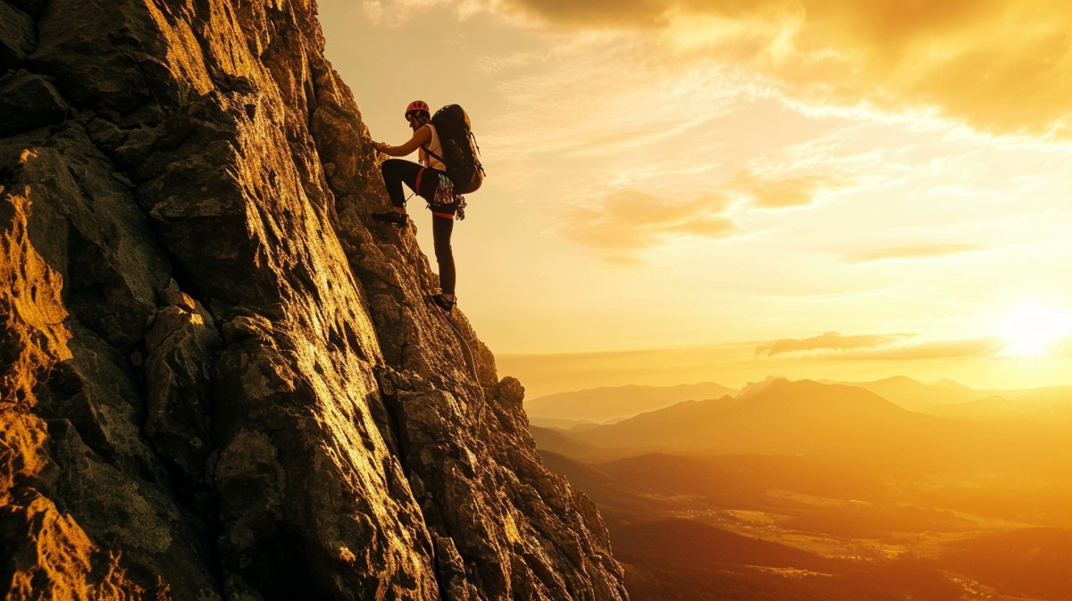 man climbing mountain sunset