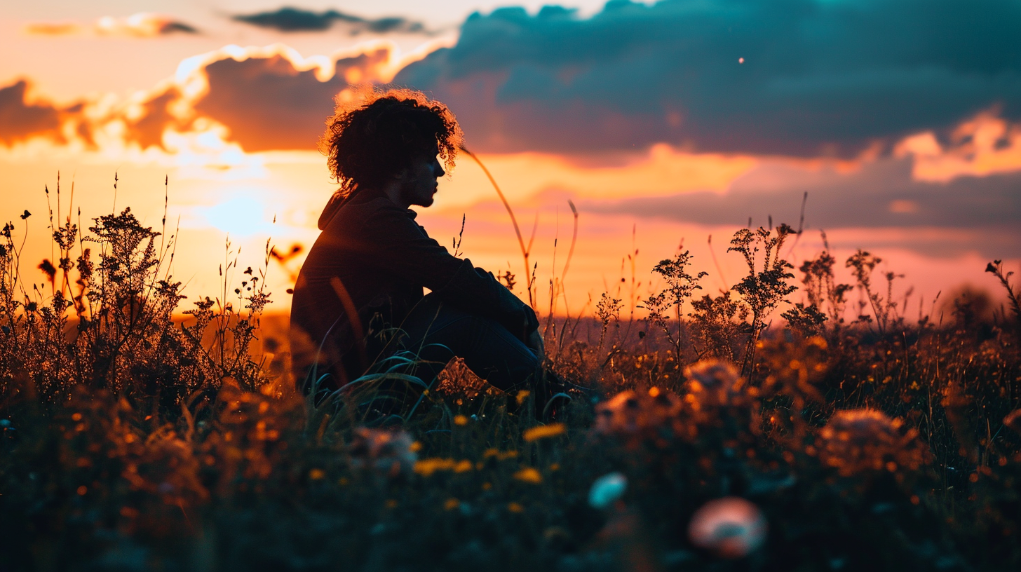 man sitting in the grass at sunset