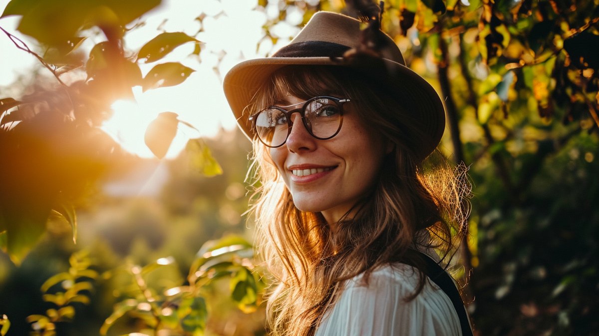 smiling and happy woman surrounded by leaves at sunset